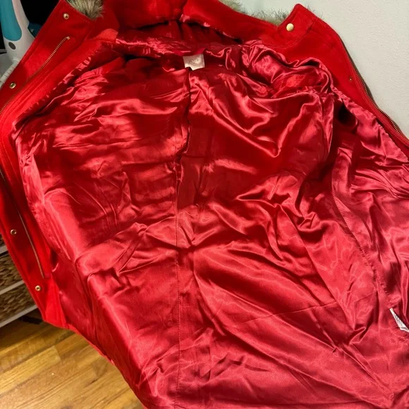 J. Crew cottagecore wool blend Red hoodie Pea Coat with Fur Hood size 10 - Picture 8 of 9